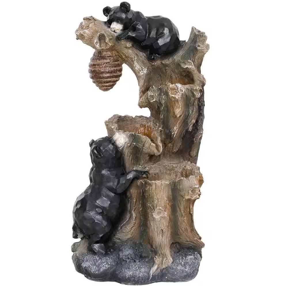 22.4 In. Outdoor Water Fountain, 3-Tiered Fountain with Bear Design and LED Ligh
