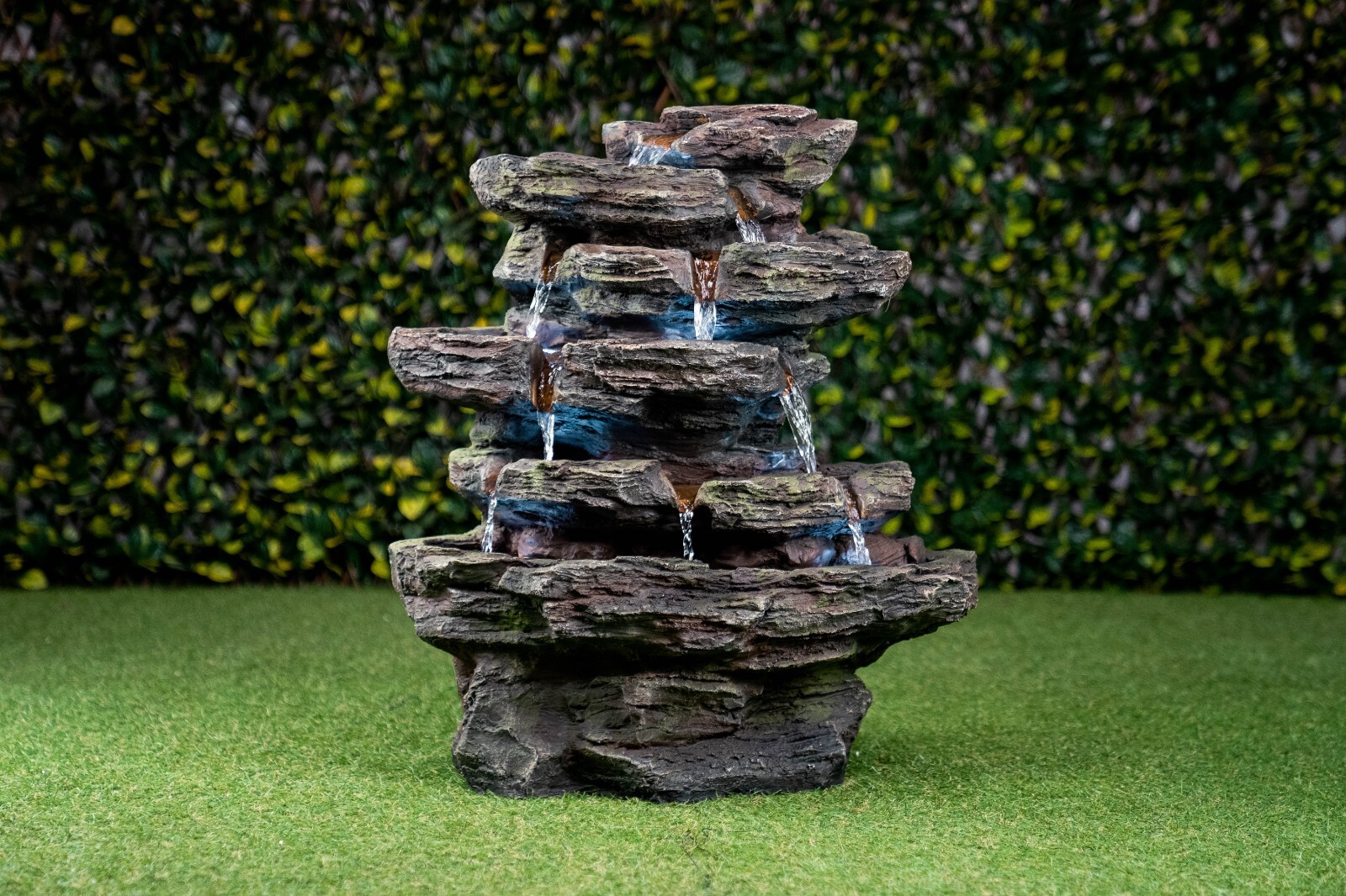 Tiered Water Fountain Outdoor W/9 White LEDs Resin Garden Decor Yard Display