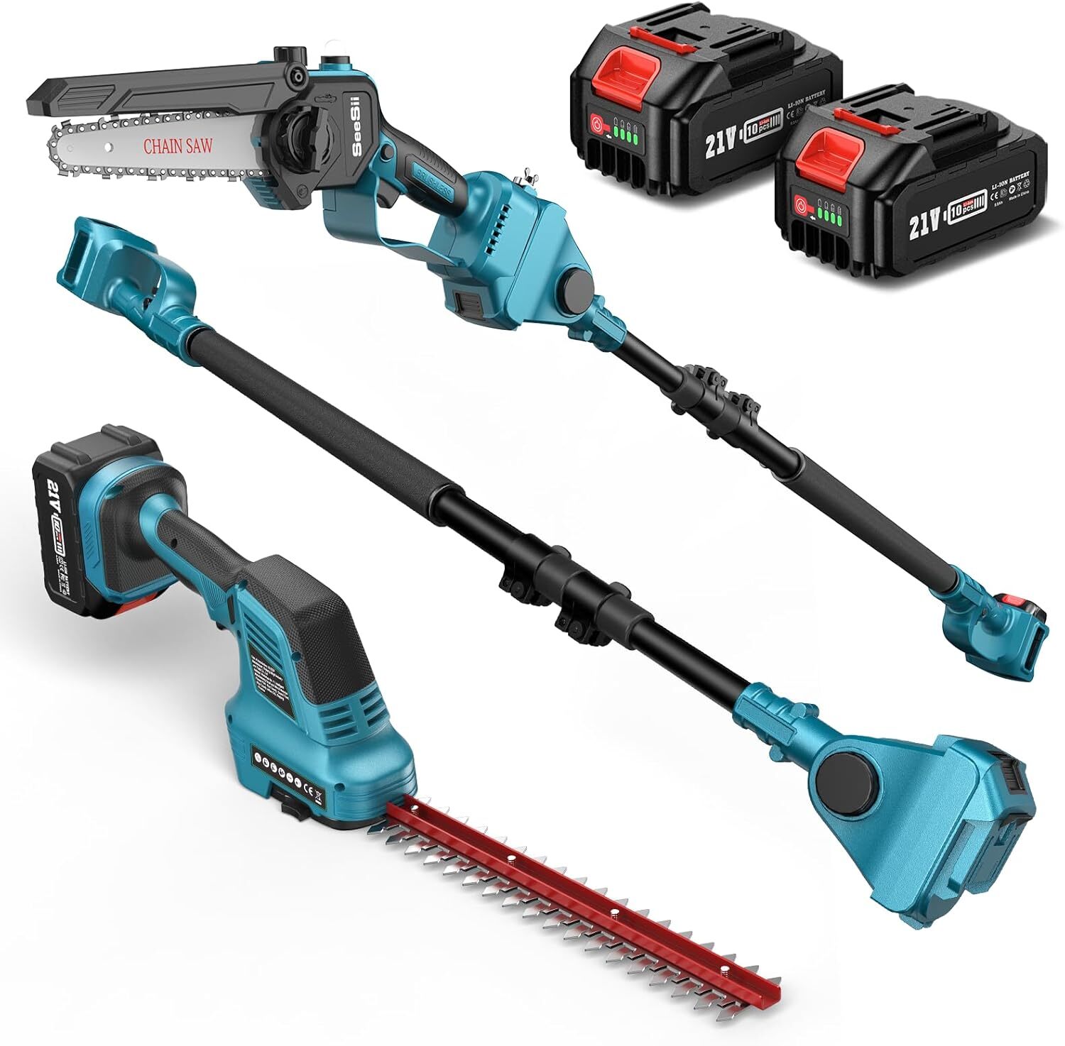 6-in-1 Cordless Pole Saw Hedge Trimmer 2×4.0Ah Batteries 16ft Long Reach Tool