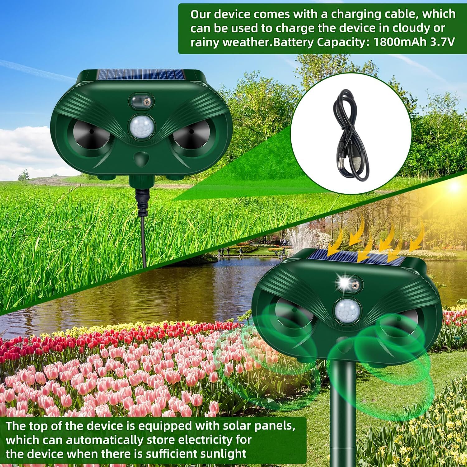 2 Pack Solar Ultrasonic Animal Repeller with Motion Sensor for Yard