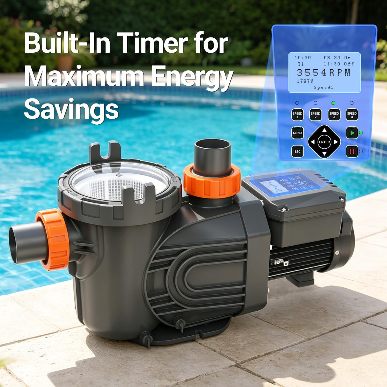 Variable Speed Pool Pump 1.8HP In/Above Ground w/ Motor Strainer Filter Basket