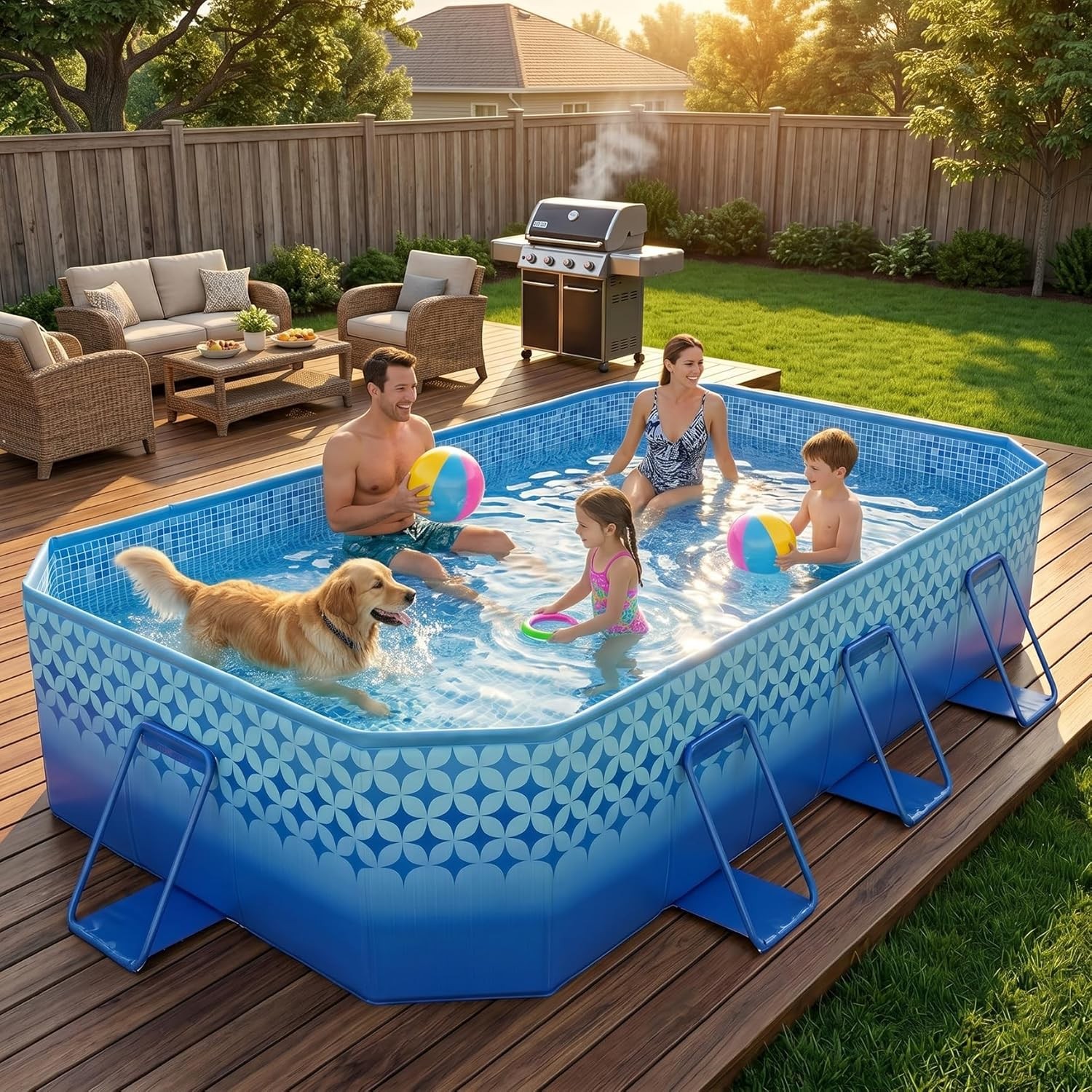 Foldable Pool Kids & Adults Non-Inflatable Backyard Swimming Pool W/ Metal Frame