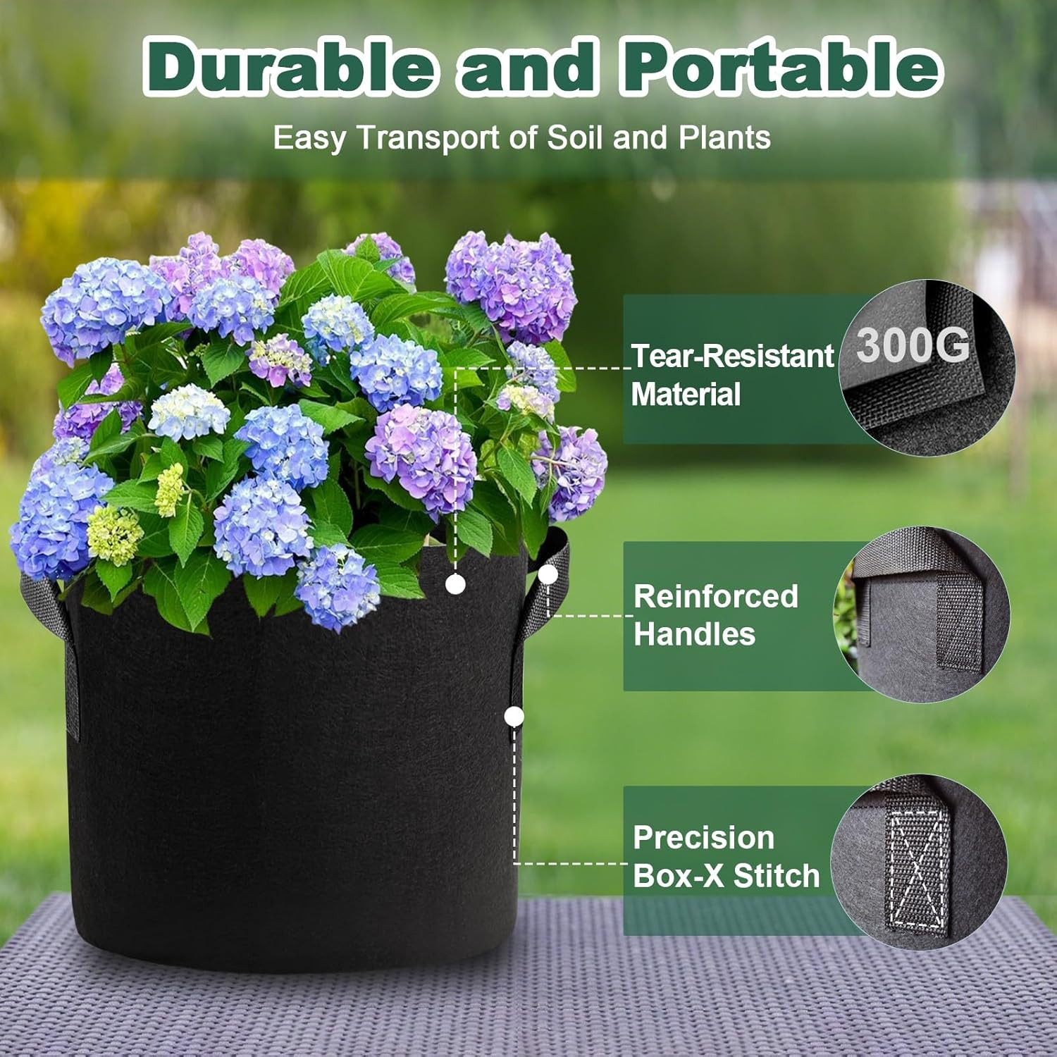 5 Pack 5 Gallon Grow Bags, Thickened Aeration Nonwoven Fabric Plant Pots with Ha