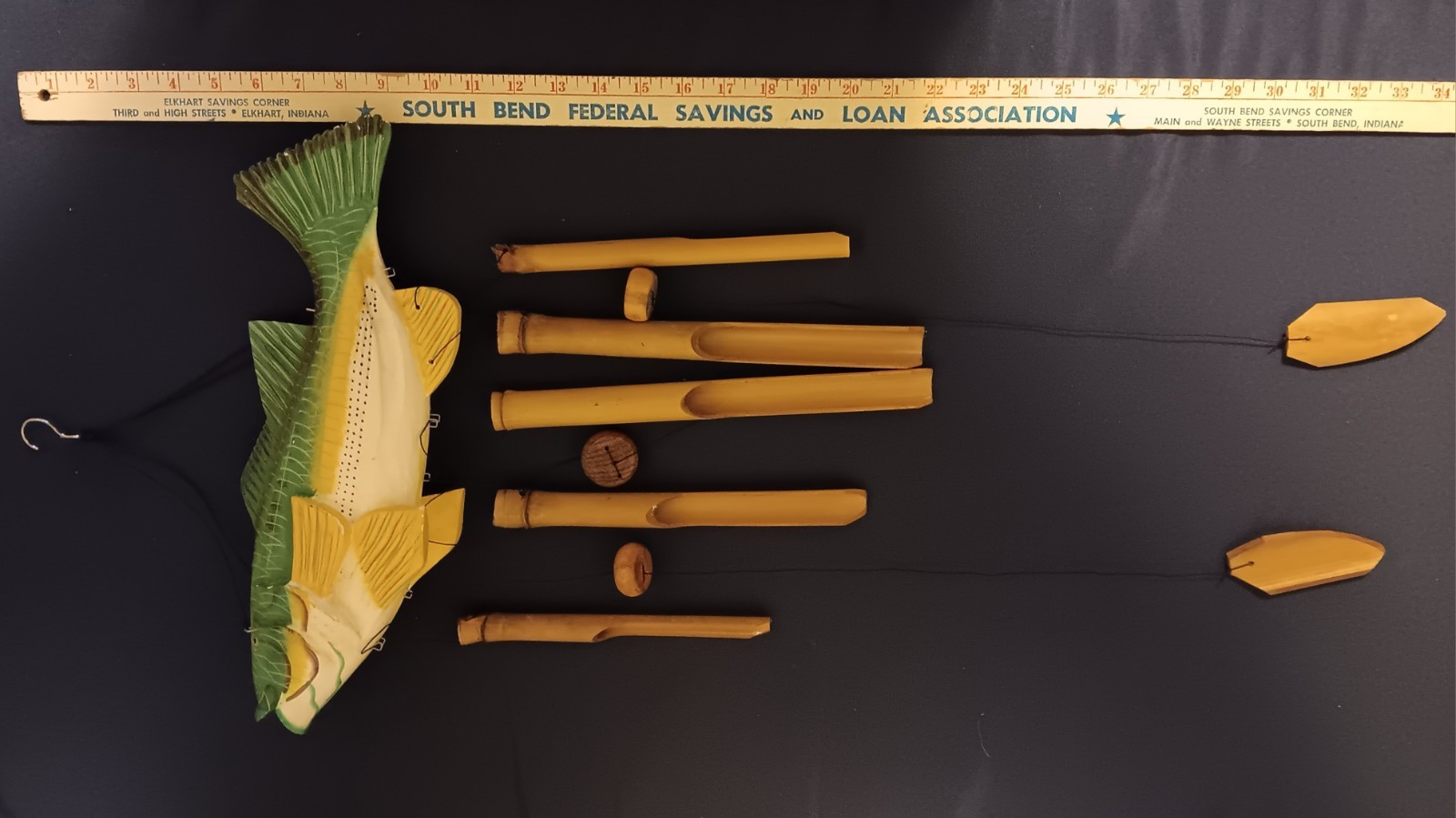 Large Vtg Walleye ? Fish Windchime Wood Bamboo Cabin Cottage Decor