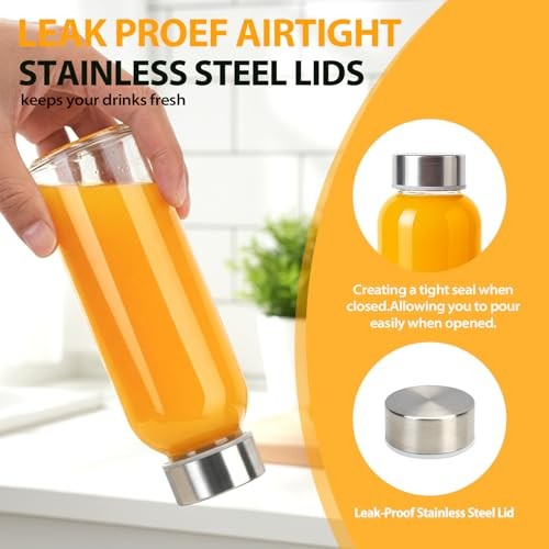 10 oz Glass Juice Bottles, 8 Pack with Stainless 10 OZ Silver lid- 8 pack