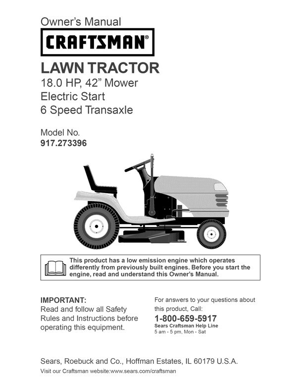 Owners Manual Sears Craftsman 18.0 HP  Lawn Tractor 42” Mower – Model 917.273396