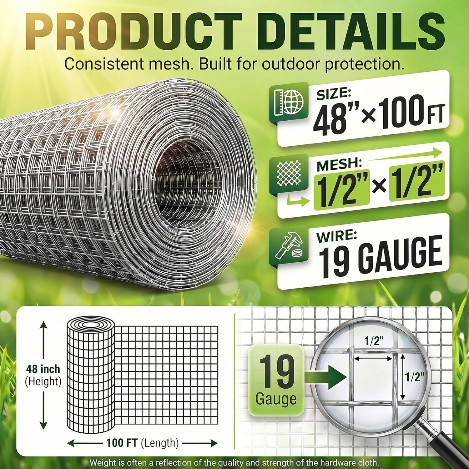 48” X 100′ Hardware Cloth 1/2 Inch 19 Gauge – Hot-Dip Galvanized after Welding,