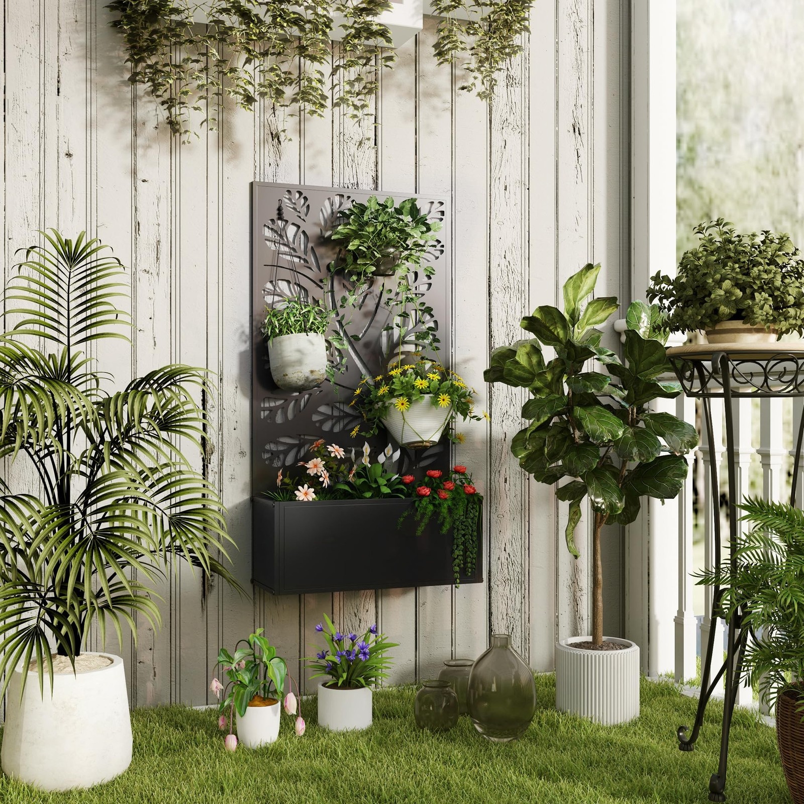 Outsunny Metal Raised Garden Bed with Trellis, Twigs and Leaves Cut-Outs