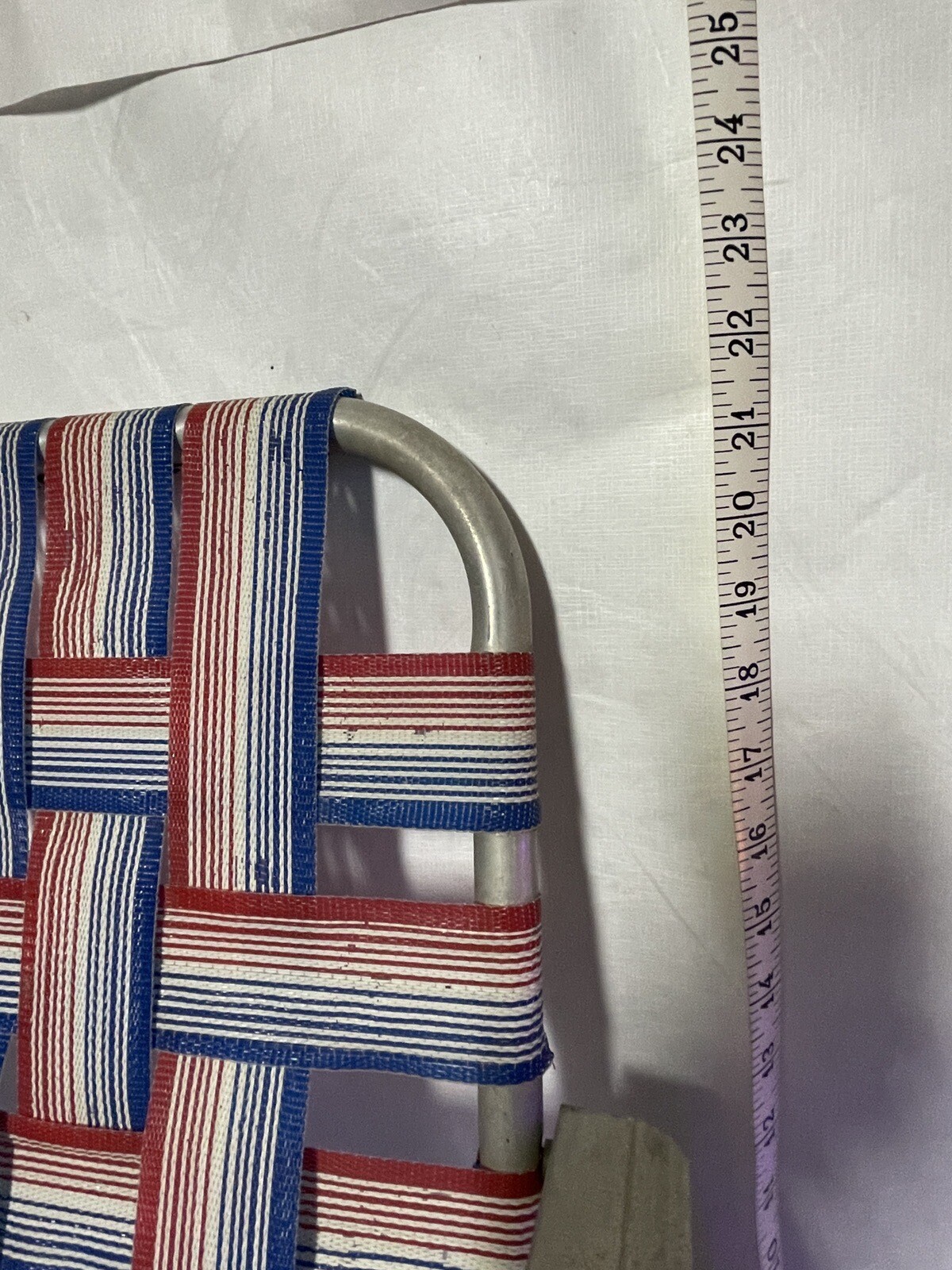 Vintage Gay Branded Child’s Aluminum Webbed Lawn Chair Red White And Blue BR