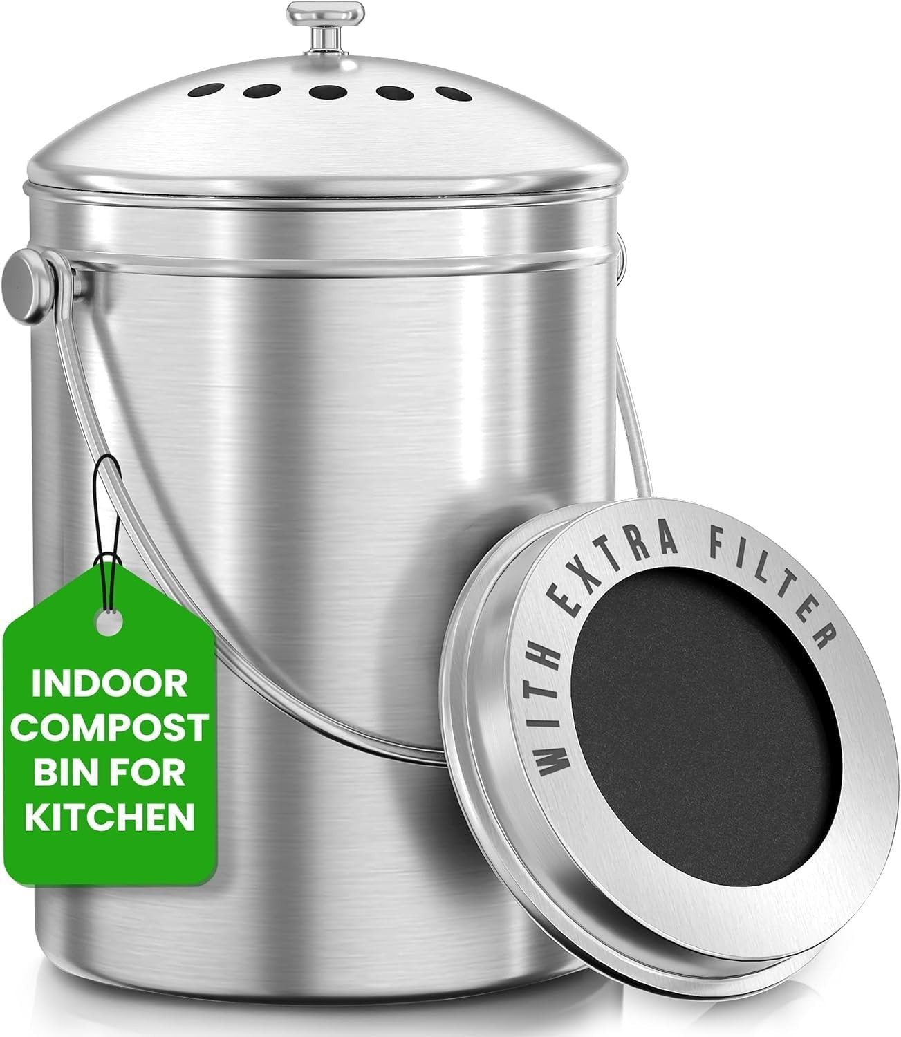 Countertop Compost Bin 1.3 Gallon Stainless Steel with Charcoal Filter