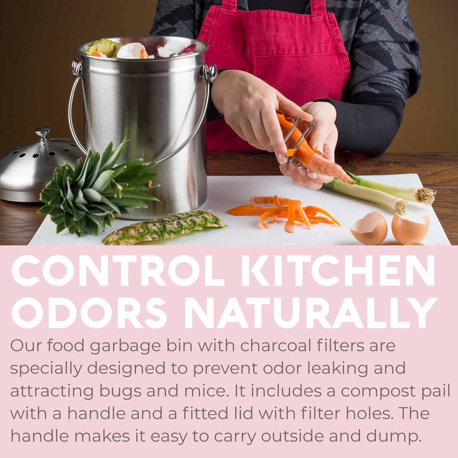 EPICA Stainless Steel Compost Bin Kitchen Odor Control Charcoal Filter 11 Inch