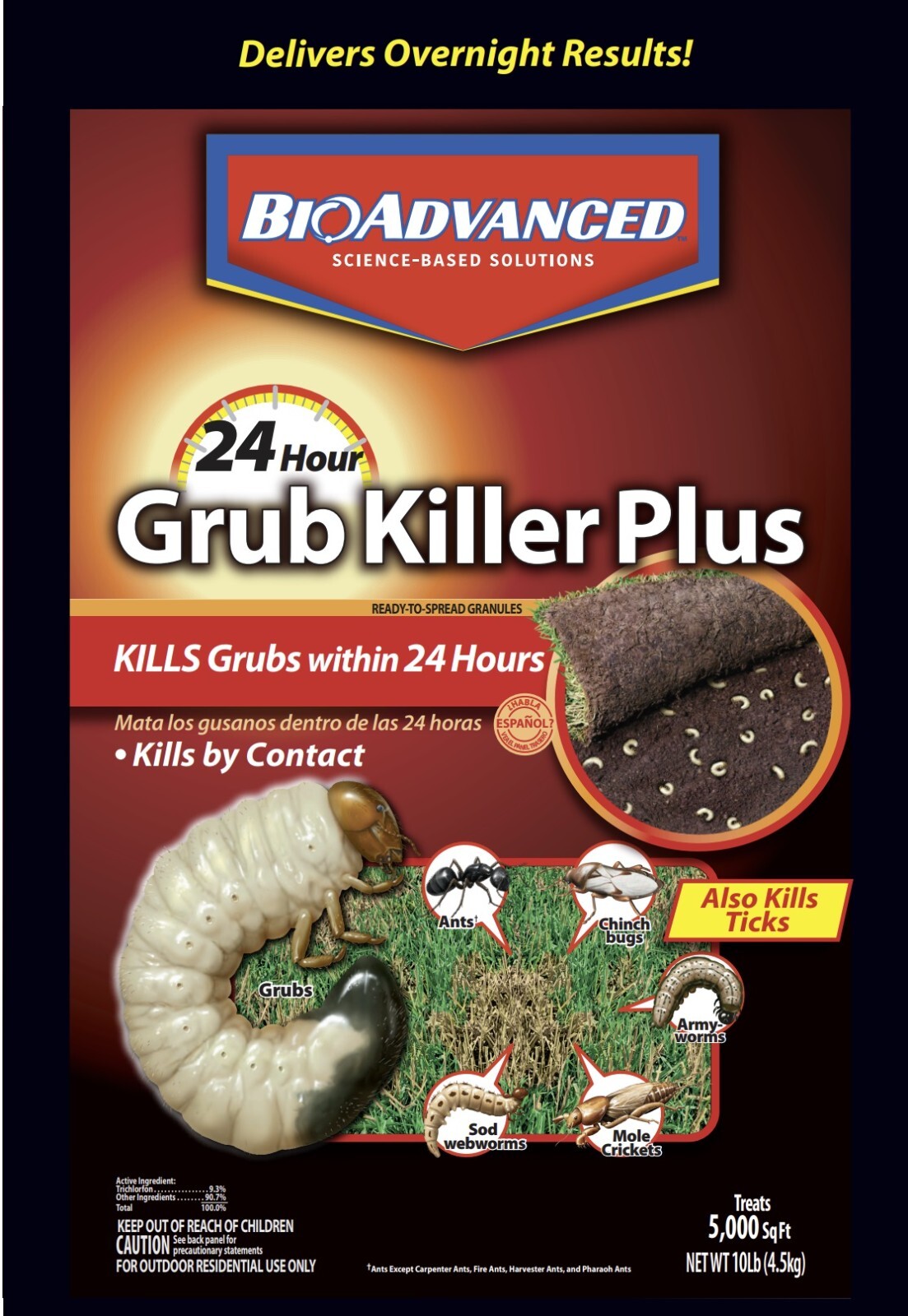 BioAdvanced 700740M 24 Hour Lawn Grub Killer Plus Tick Granules 10 lb, 5,000 sf