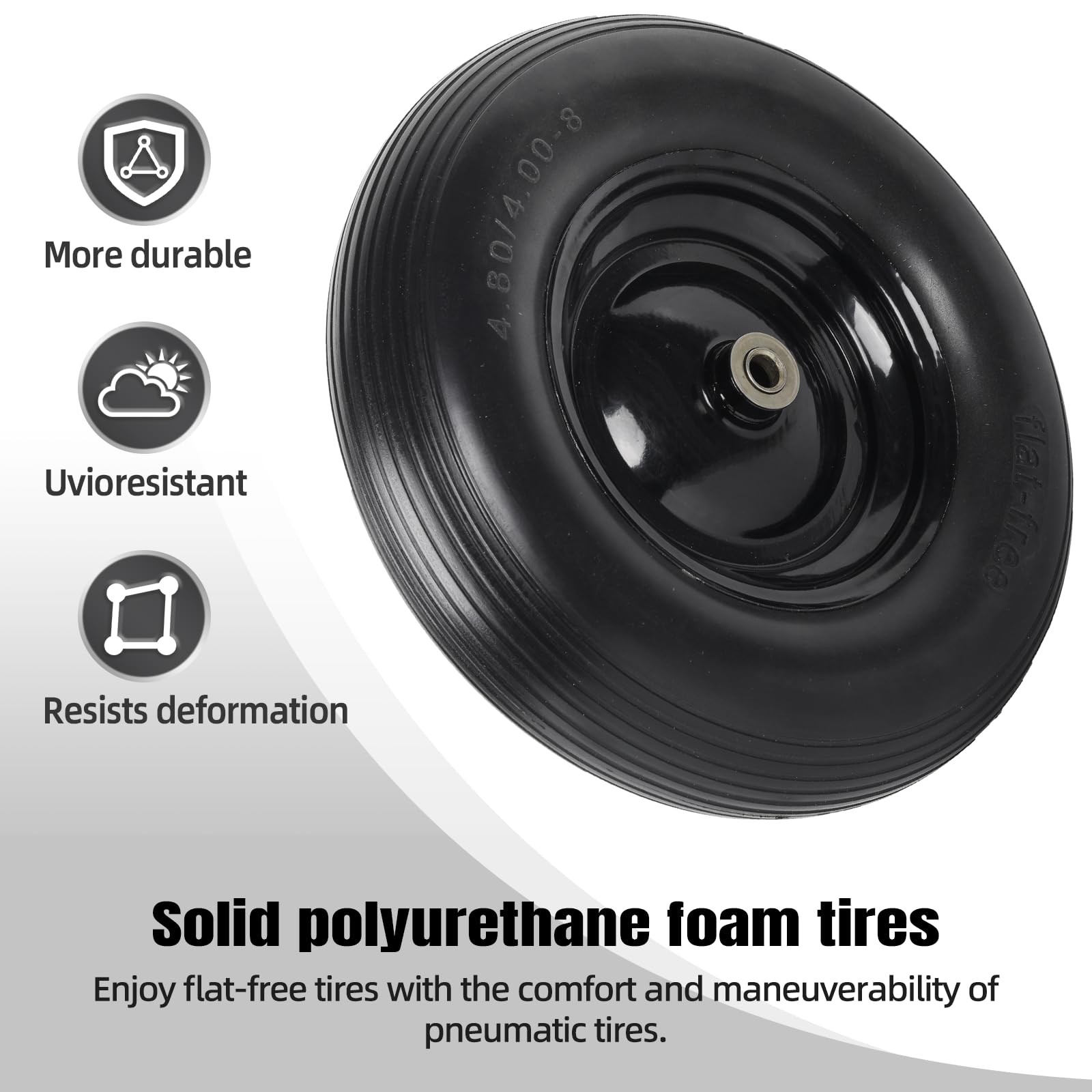 4.80/4.00-8″ Flat Free Tire Wheel 16 Inch Solid Rubber Wheelbarrow Tires 5/8″