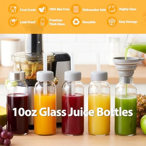 10 oz Glass Juice Bottles, 8 Pack with Stainless 10 OZ Silver lid- 8 pack
