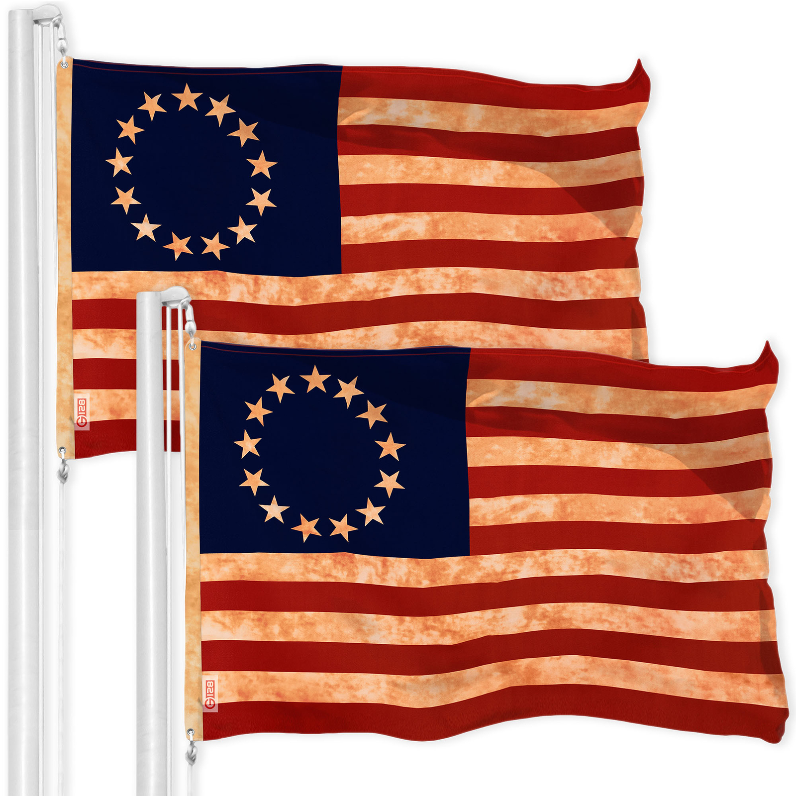 G128 2 Pack: Betsy Ross Tea-Stained Flag 3×5 Ft LiteWeave Pro Printed 300D Poly