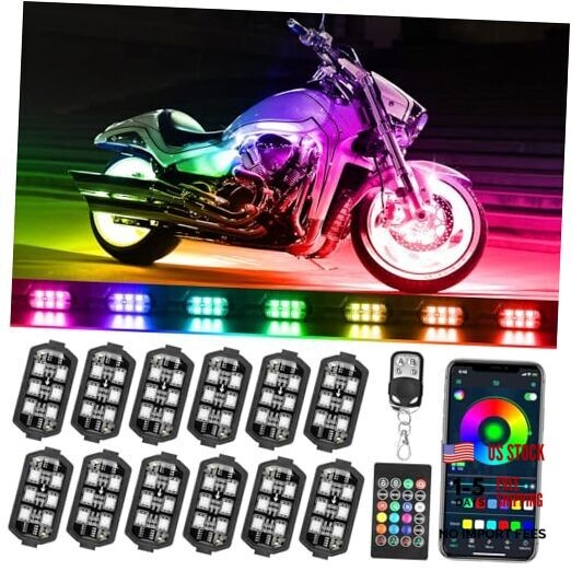 Motorcycle LED Underglow Kit, 12 Pcs APP Control RGB Chasing Mode 16 Flow RGB