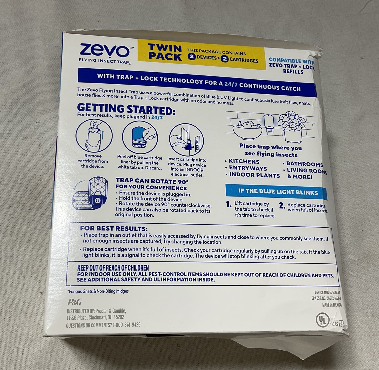 Zevo Plug-In Fly Trap 2 Plug-in Bases + 2 Cartridges UV Light (Dented Boxes) G19