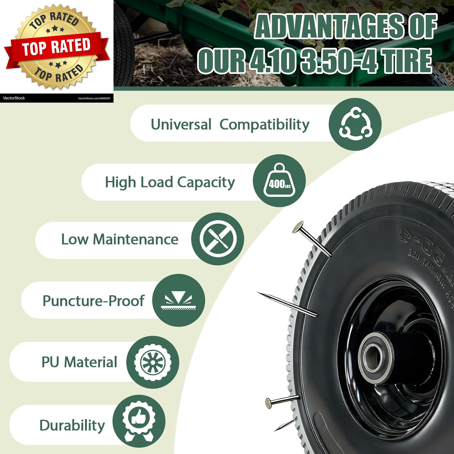 4.10/3.50-4 Tire and Wheel 10″ Solid Tires with 5/8” Bearing Extra 3/4”&1/2” Bea