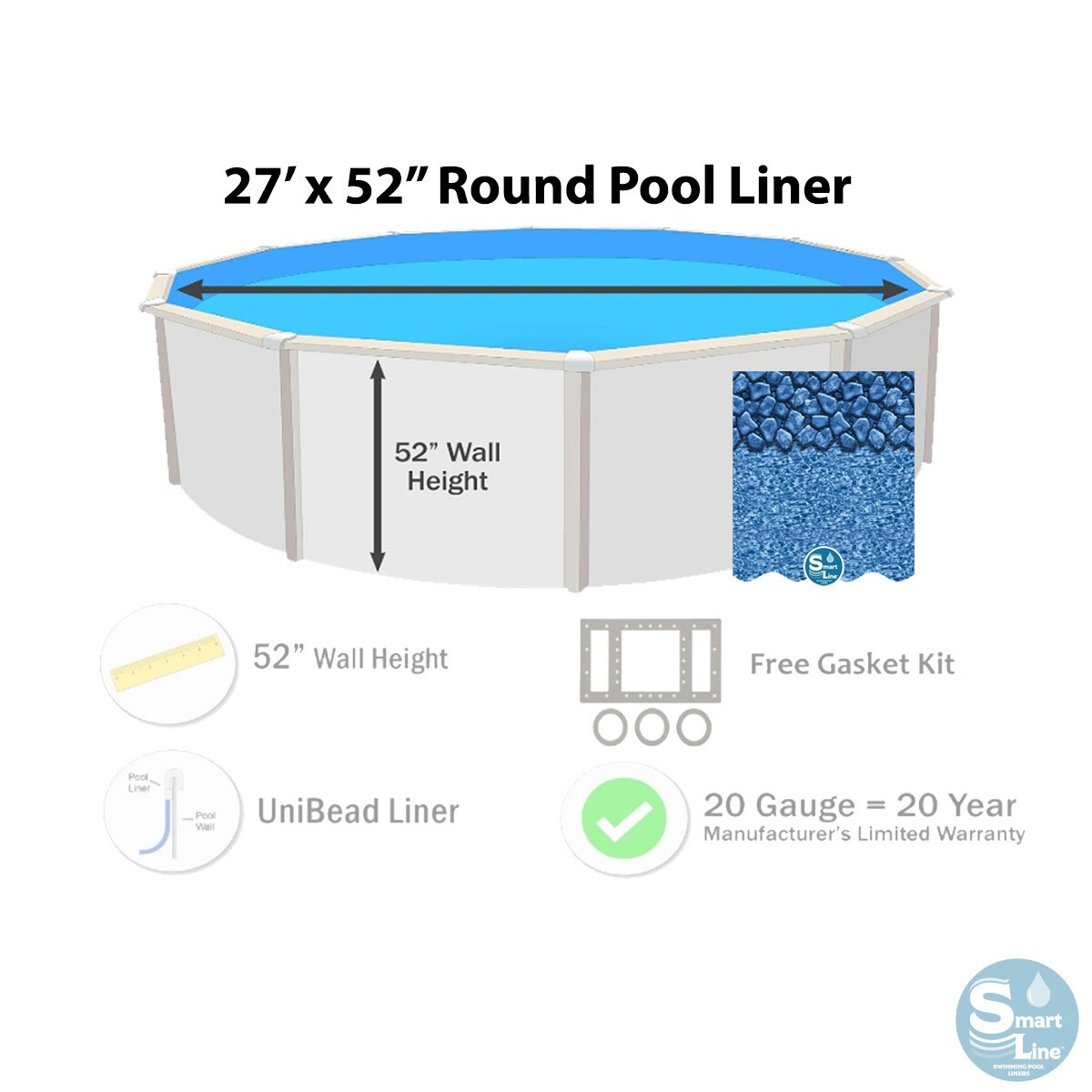 SmartLine 27′ x 52” Round Unibead 20 Gauge Swimming Pool Liner – Choose Pattern