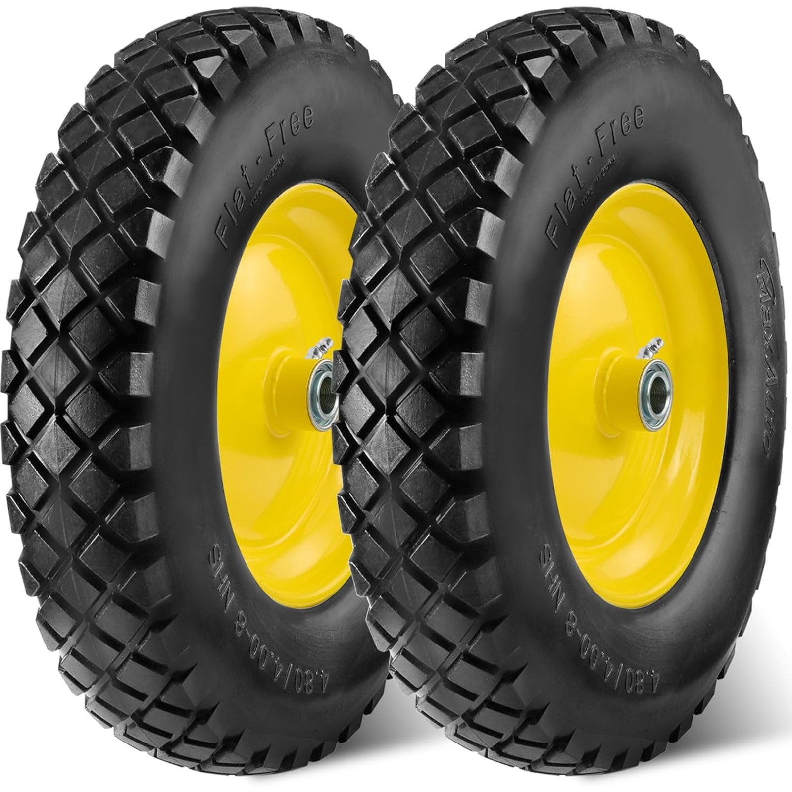 4.80/4.00-8 Flat Free Wheelbarrow Tires, 16″, 3″ Hub, 3/4″ Bearings, Yellow