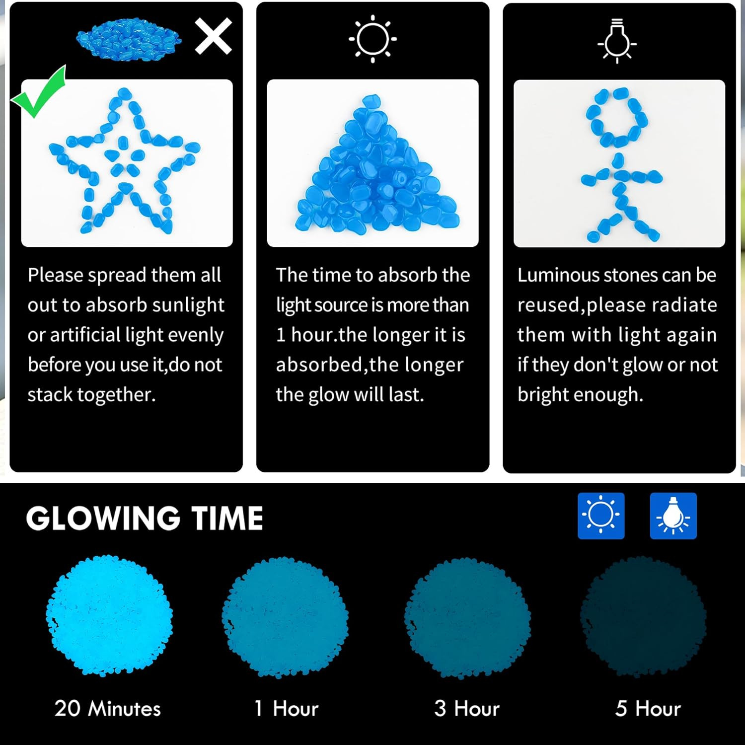 1000pc Glow in The Dark Blue Stones Blue Rocks for Garden Luminous Pebbles Glow