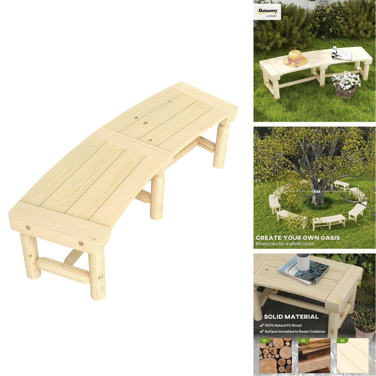 Outsunny Wooden Semicircular Round Wrap Around Garden Bench – Natural
