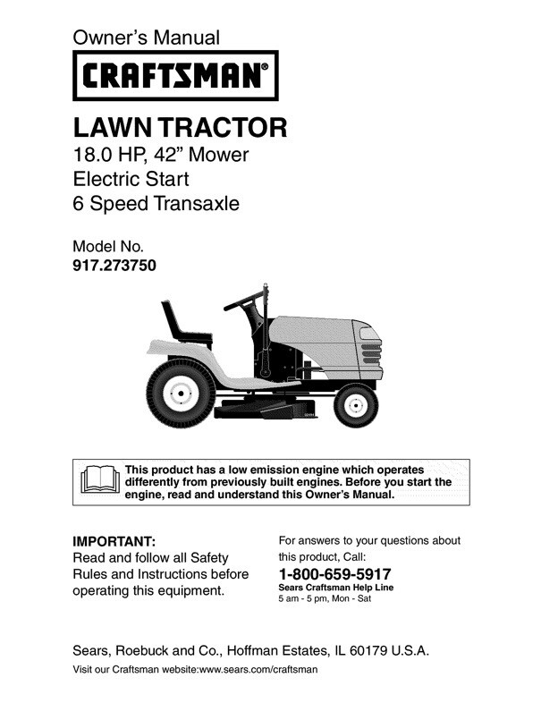 Owner’s Manual Sears Craftsman 18.0 HP Lawn Tractor w/ 42” Mower – 917.273750