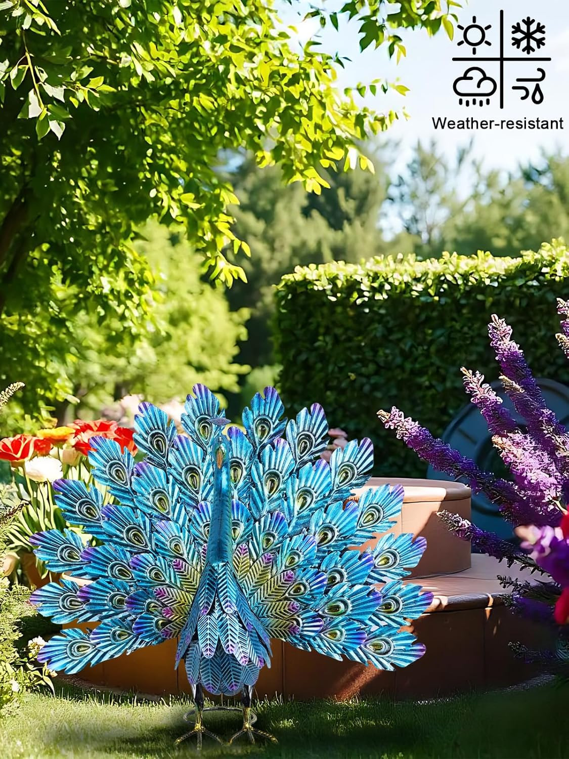 Garden Decor Outdoor Statues, 22.4″ Large Metal Peacock Standing Yard Art, Blue