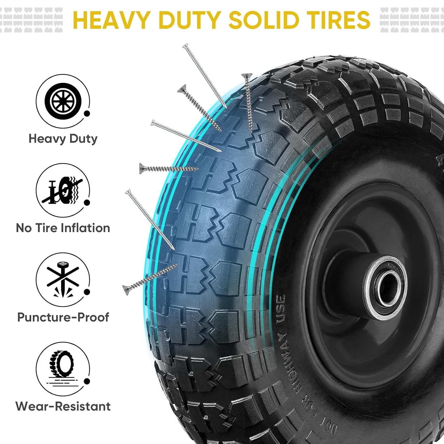 10″ Solid Tires, 2X Flat Free 4.10/3.50-4” Wheels Double Sealed Bearings