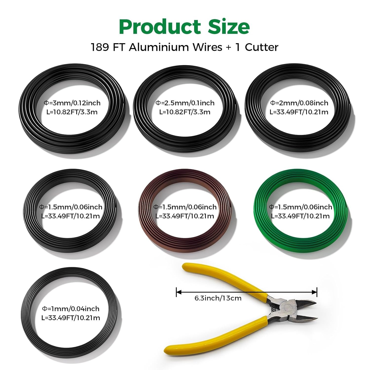 189FT Easy to Bend Bonsai Wire, Aluminum Bonsai Tree Wire in 5 Size -1Mm,1.5Mm,2