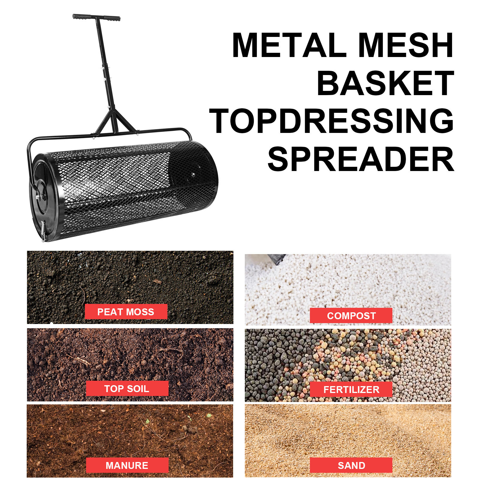 Compost Spreader Peat Moss Roller Steel Mesh for Garden& Lawn Adjustable 36 Inch