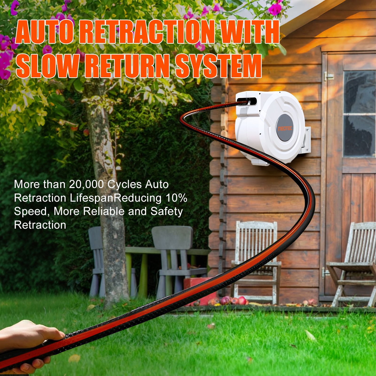 5/8 in X 100 Ft Retractable Garden Hose Reel , Wall Mounted, 9-Function Sprayer