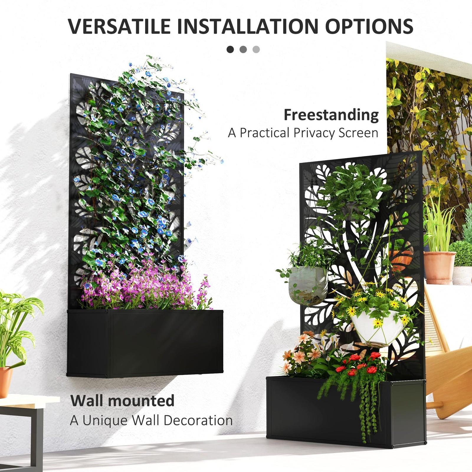 Outsunny Metal Raised Garden Bed with Trellis, Twigs and Leaves Cut-Outs