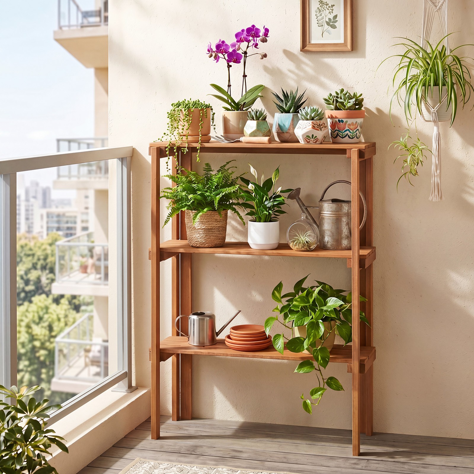 Folding Wooden Storage Shelves, 3-Tier Plant Stand Indoor Outdoor for Entryway
