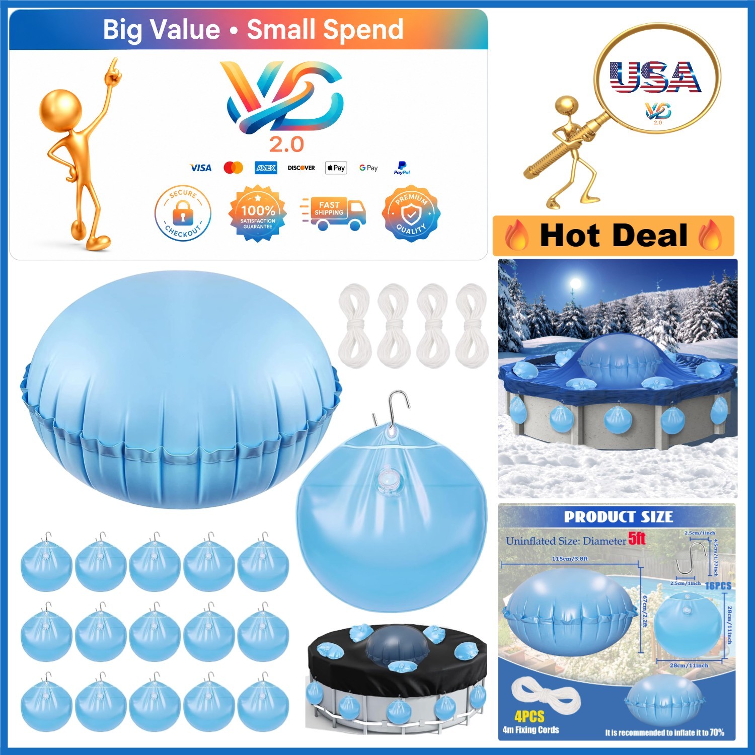 5Ft Pool Pillow Set with 16PCS Cover Weights Winter PVC Above Ground Pool Cov…