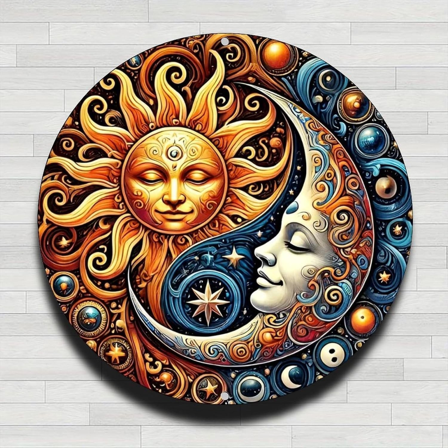 Mystic Sun Moon Celestial Home Vintage Rustic Aluminum Metal Round Wall Sign