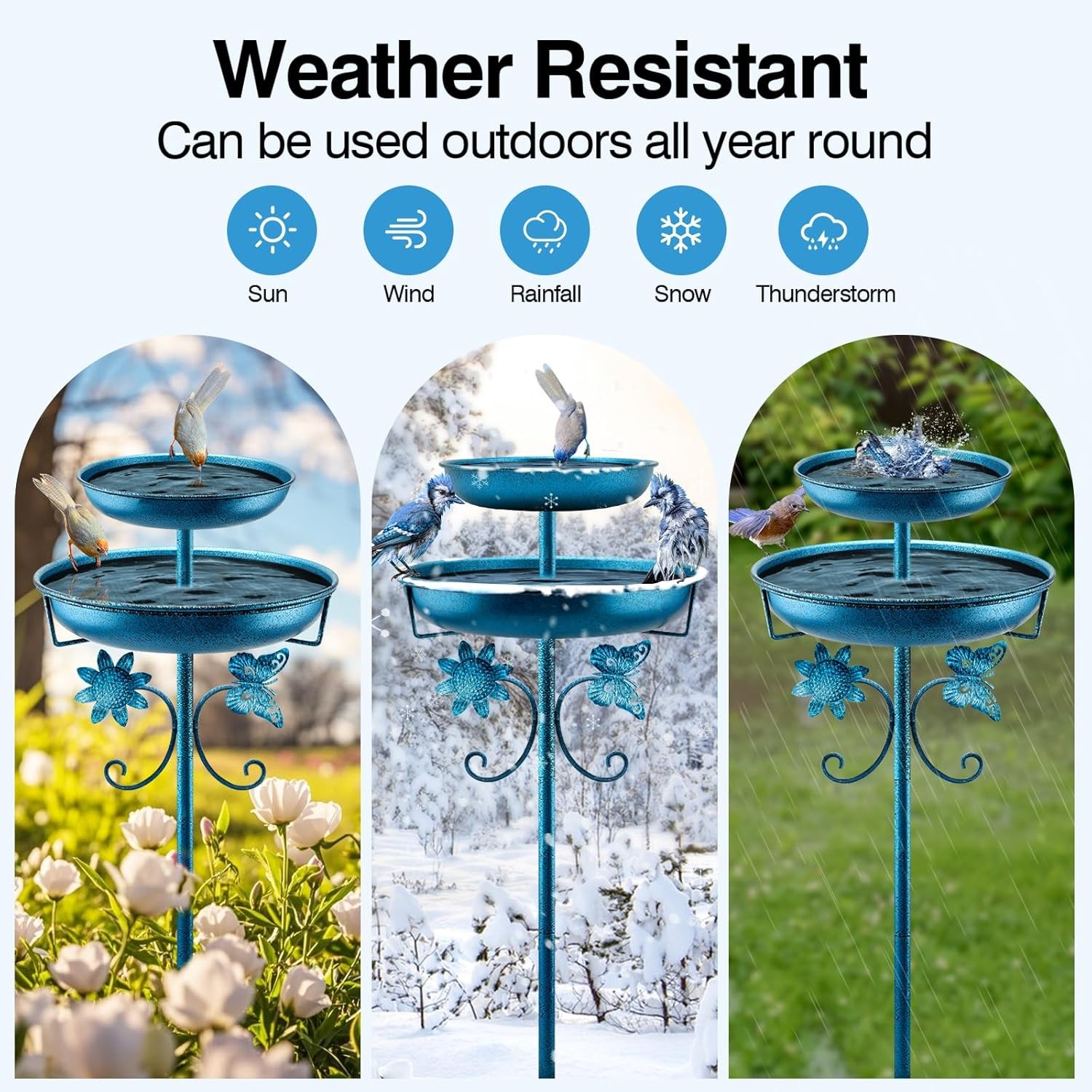 Stand Alone Bird Bath 42 Inch, Blue Metal Birdbath for Garden Yard Decor