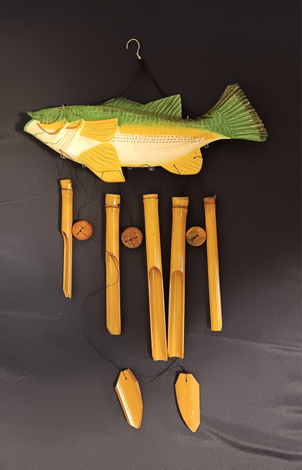 Large Vtg Walleye ? Fish Windchime Wood Bamboo Cabin Cottage Decor