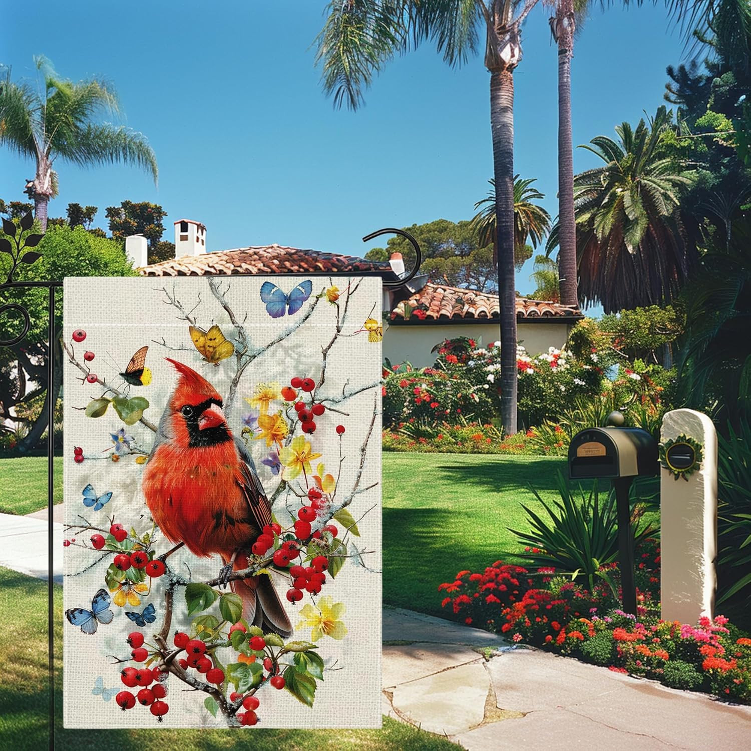 Spring Summer Cardinal Bird Butterfly Floral Garden Flag 12X18 Inch Double Sided