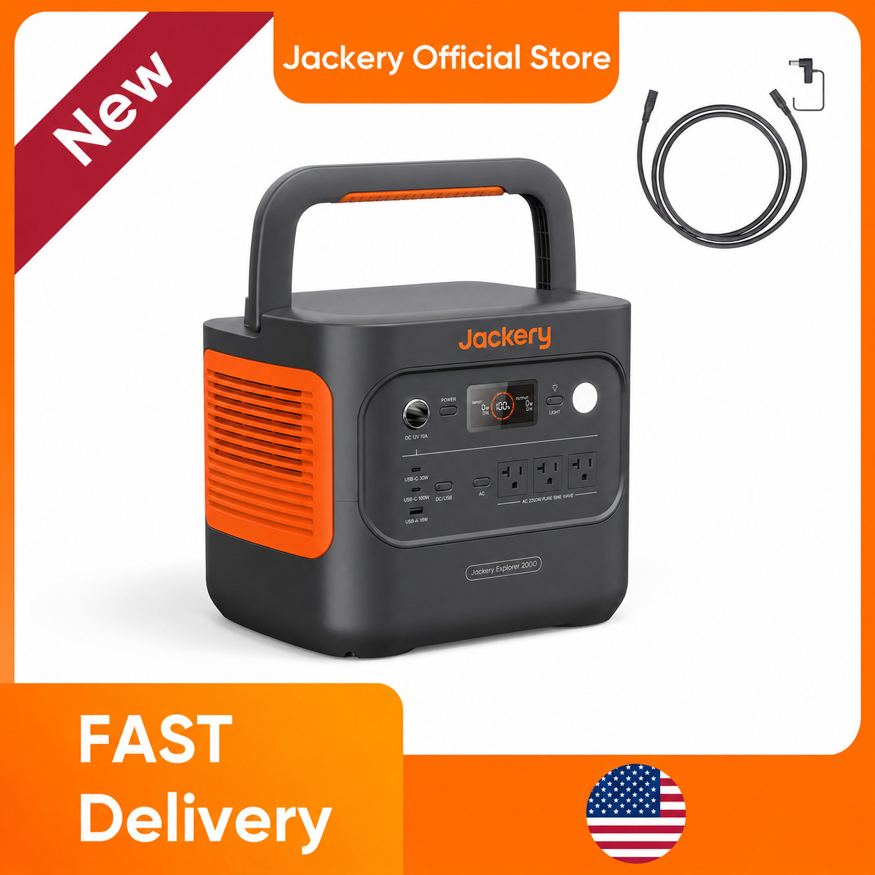 Jackery Explorer 2000 V2 Portable Power Station, 2040Wh with 5M Extension Cable