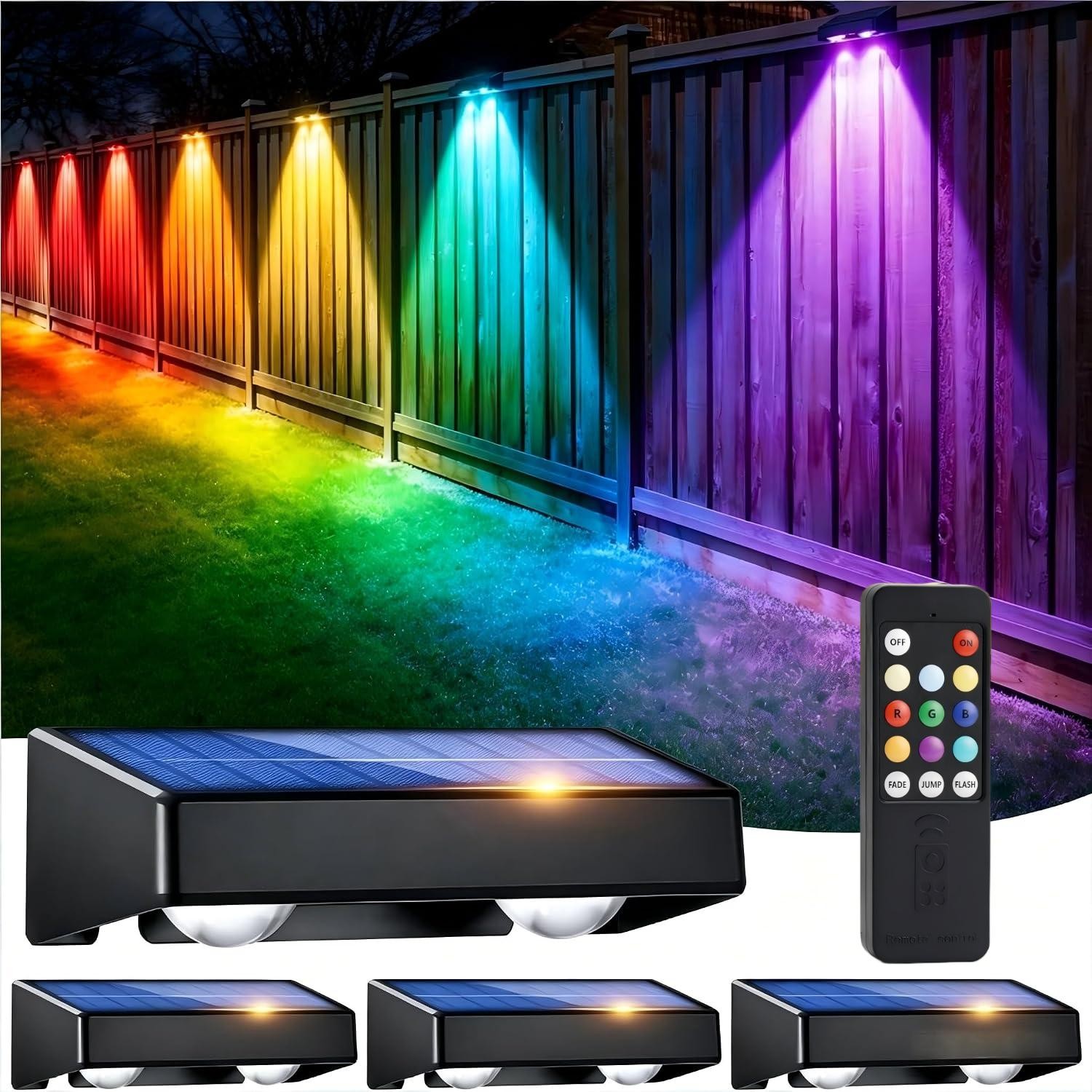 4Pack Solar Fence Lights Outdoor w/ Remote RGB 12 Modes Garden Deck Railing Lamp