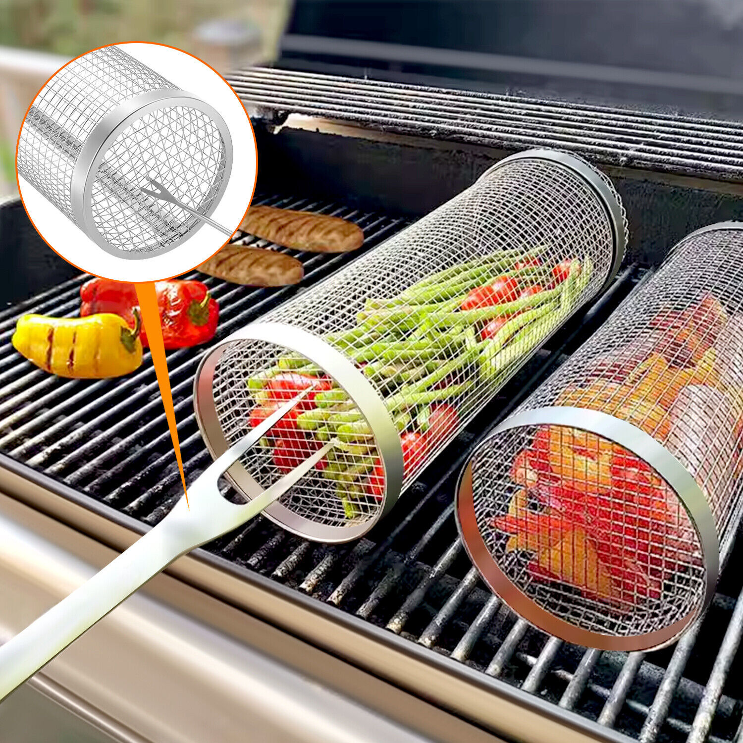 2 Pack Rolling Grilling Basket Stainless Steel For BBQ Grill Outdoor Tools US