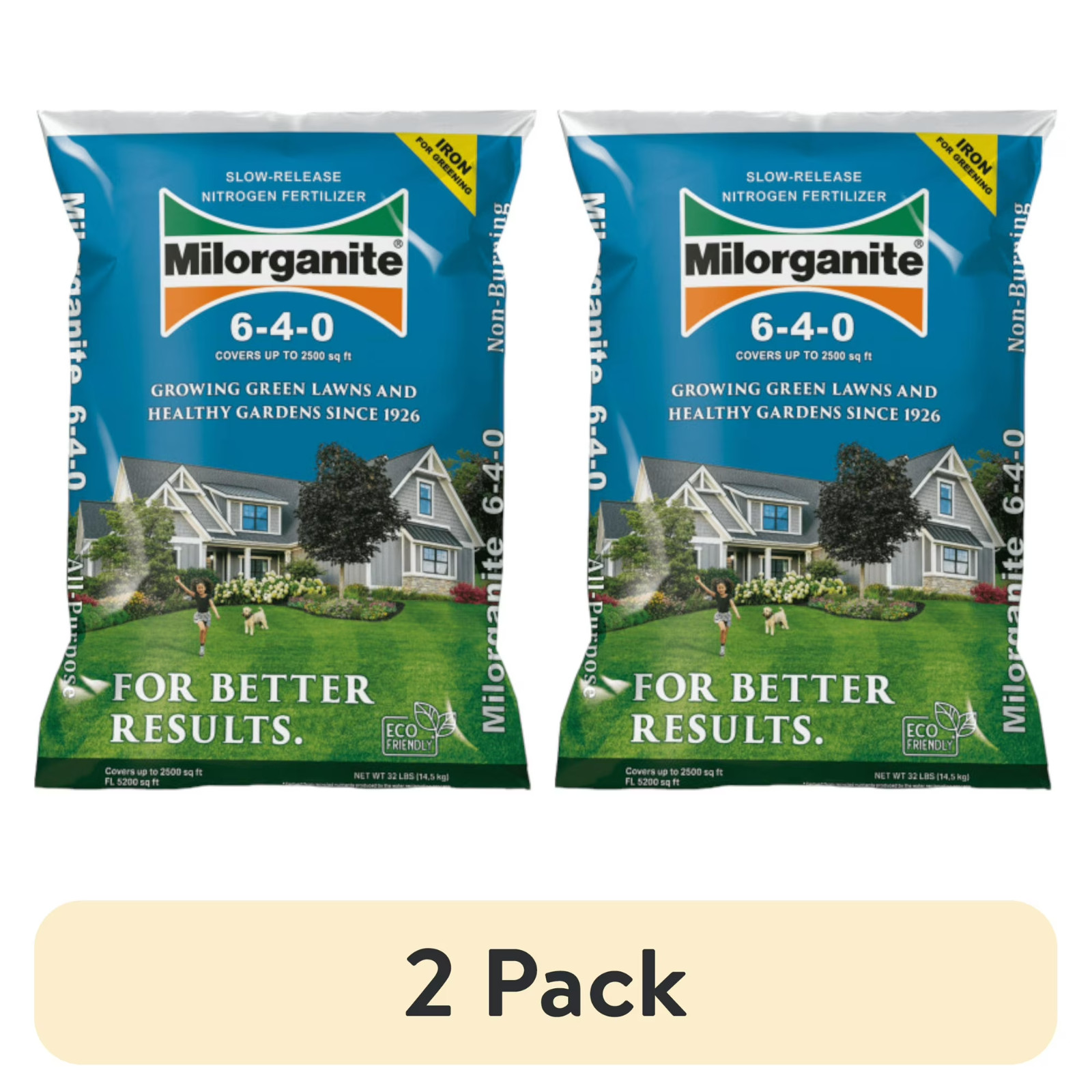 (2 pack) Milorganite Long Lasting All Purpose Lawn Food, 6-4-0 Fertilizer, 32 lb