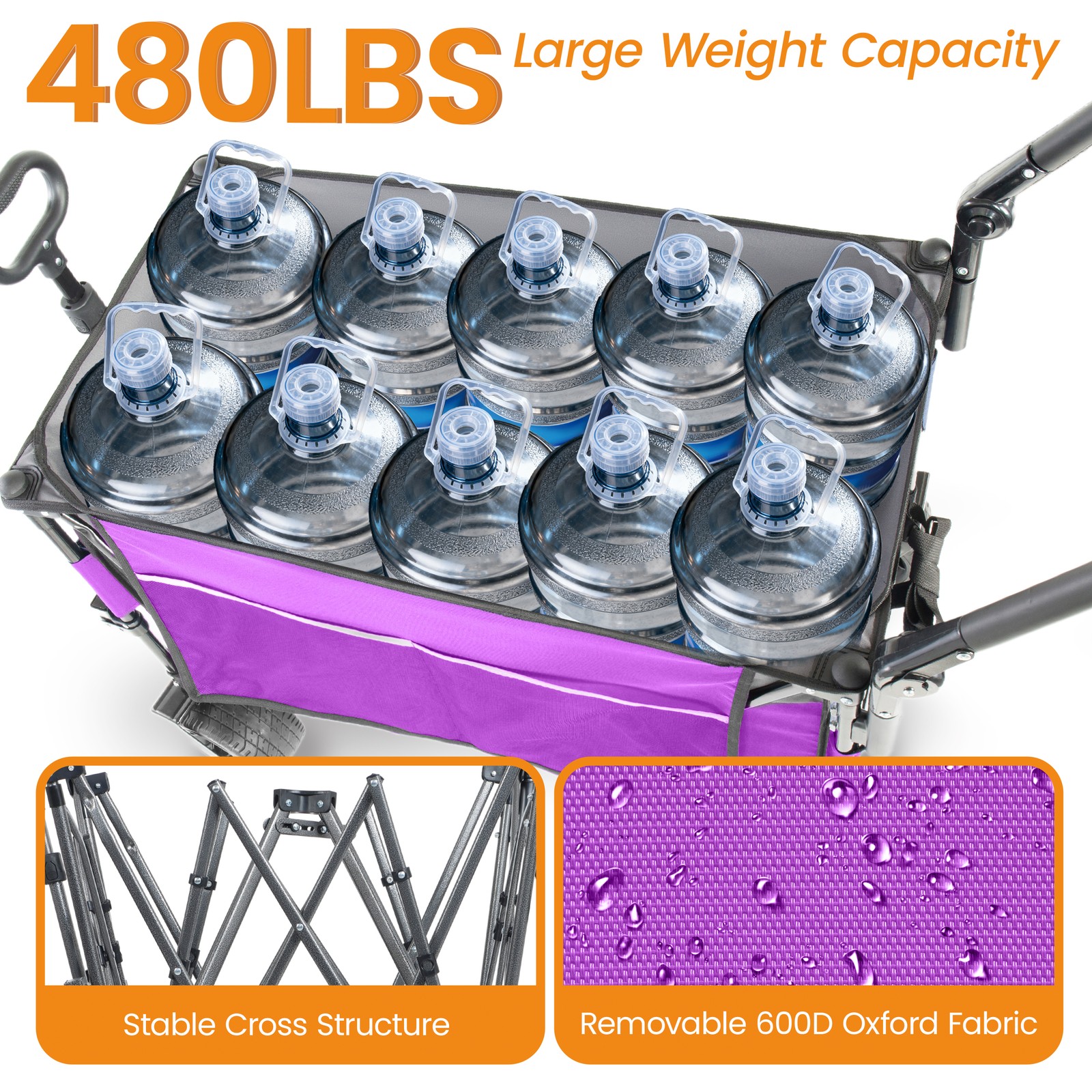 Folding Wagon Cart with Canopy, 480 lbs Capacity, 300L, 7″ Wheels, Purple