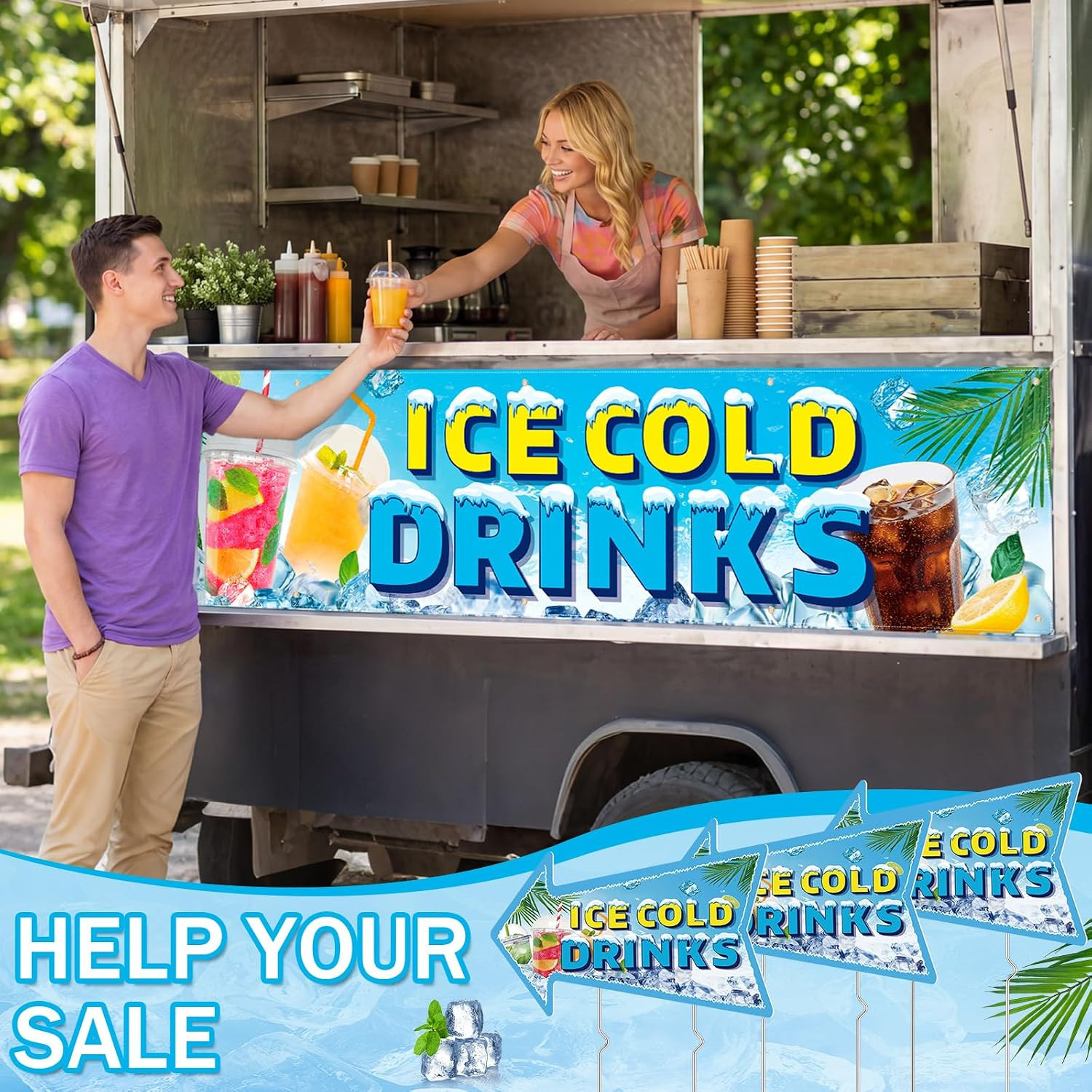 4 Pack Ice Cold Drinks Banner Stand Supplies 1Pcs 2X10 Ft Banner and 3 Pcs Ice C
