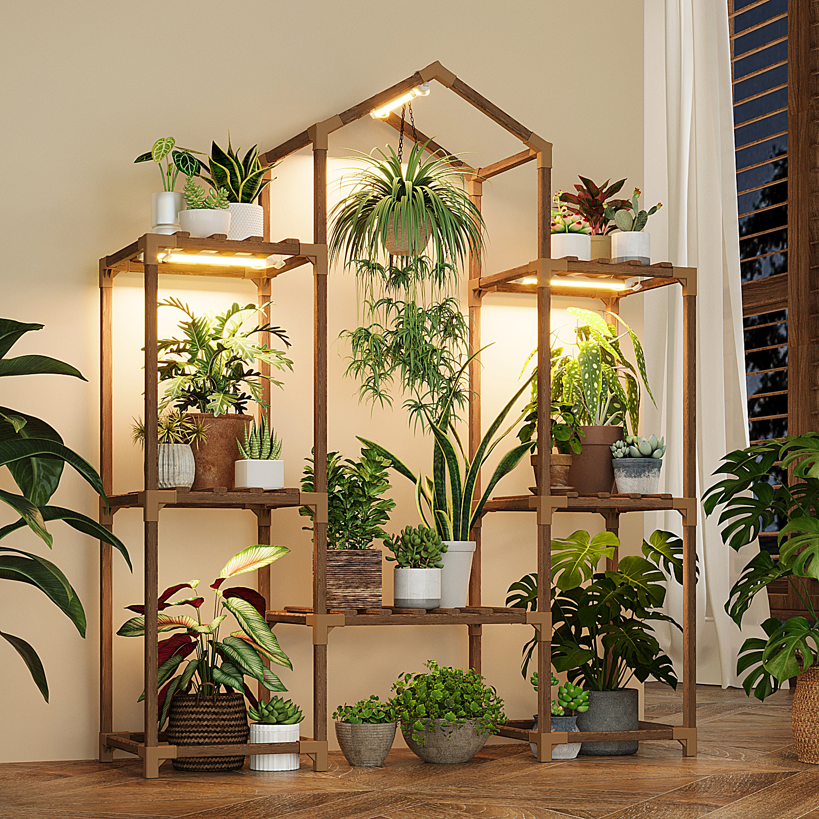 Bamworld Plant Stand Indoor with Grow Lights Wood Plant Shelf for Hanging Plant