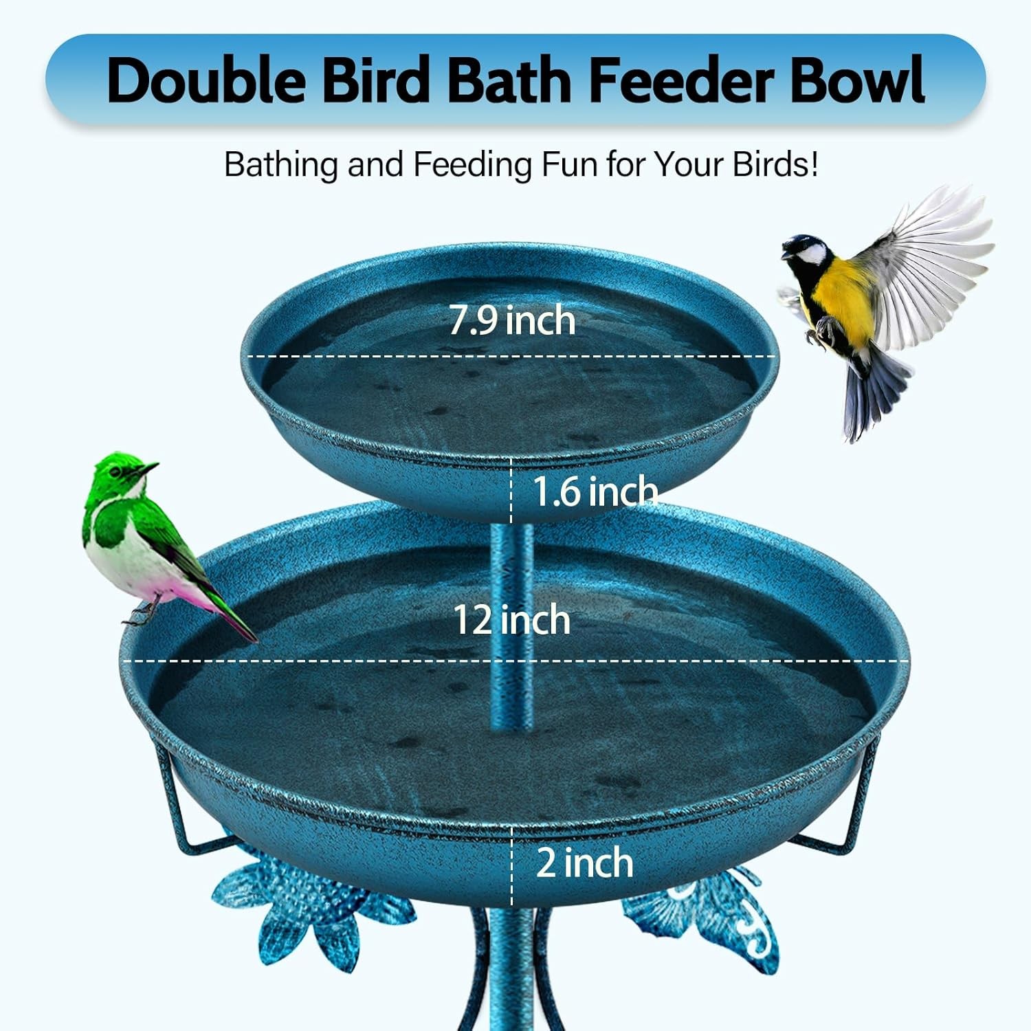 Stand Alone Bird Bath 42 Inch, Blue Metal Birdbath for Garden Yard Decor