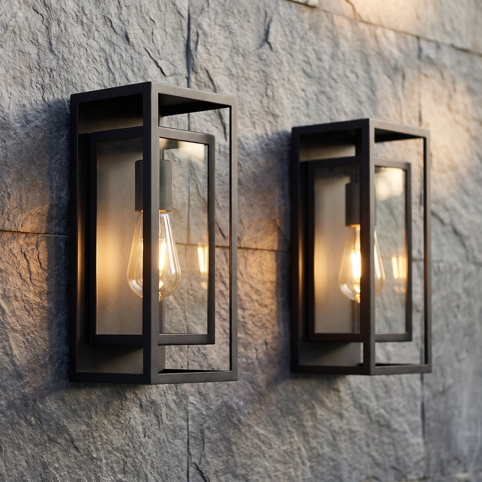 2 Pack 14″ Black Modern Outdoor Wall Lantern Glass Entryway Patio Sconce Light