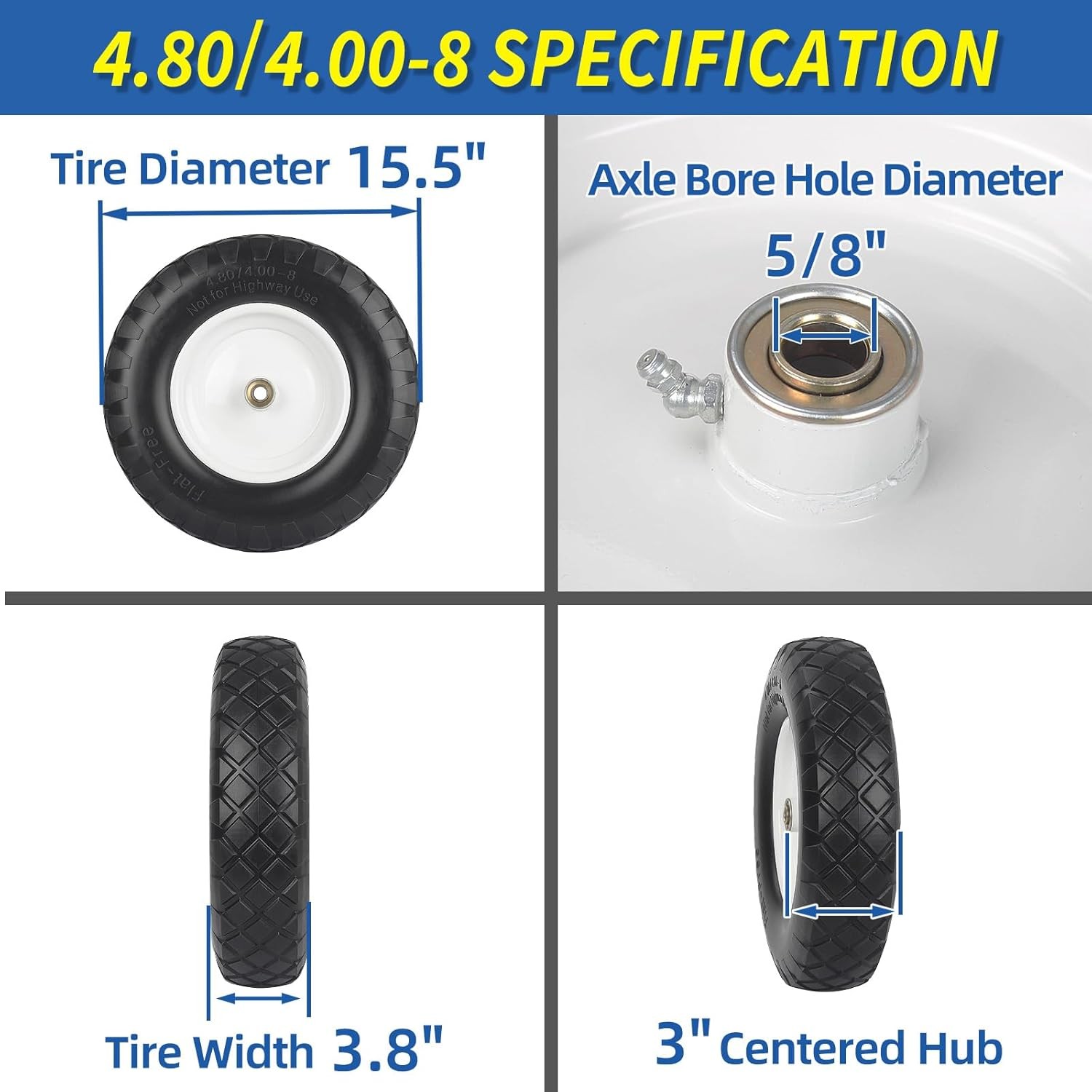 4.80/4.00-8″ Wheelbarrow Tire, 16″ Flat-Free Solid Tire and Wheel, 3-6″ Centered
