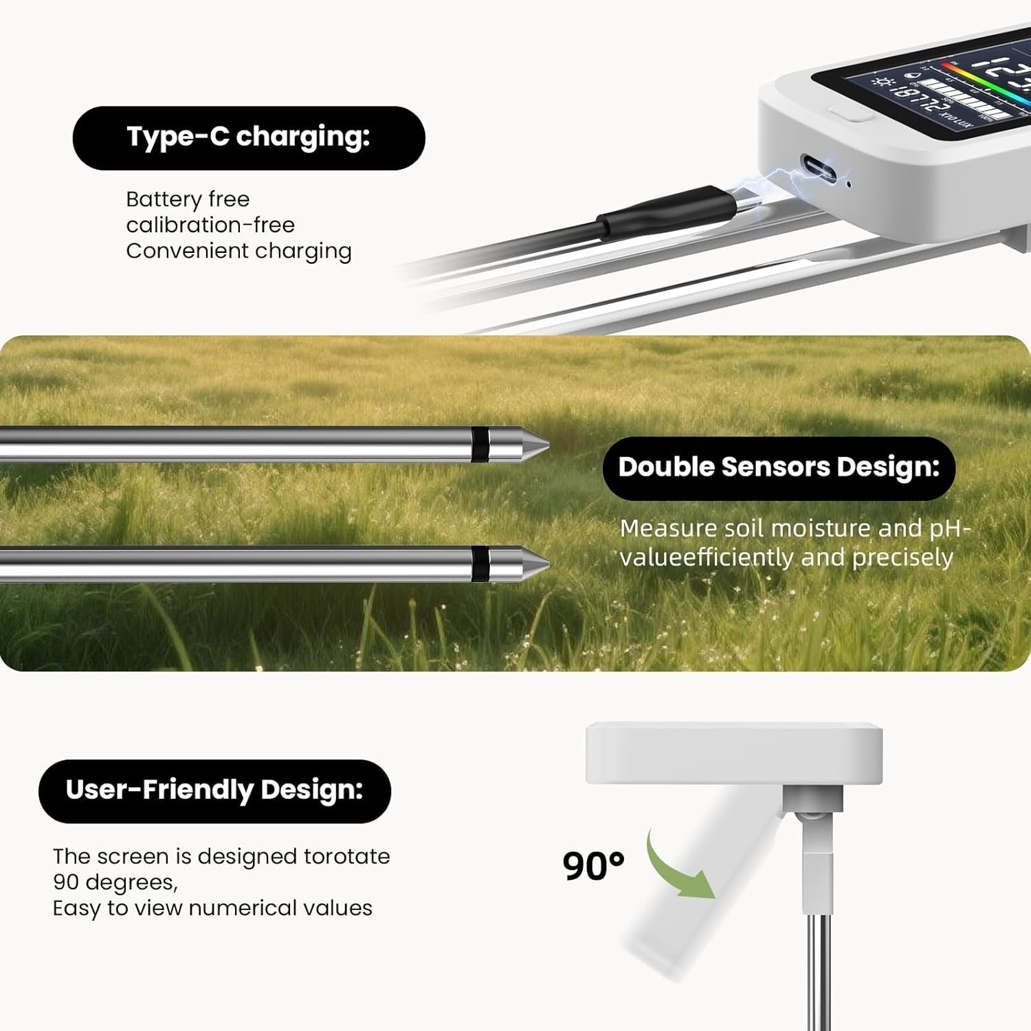 6-in-1 Soil Moisture Meter Digital Soil Tester Kit with pH Temperature Humidity